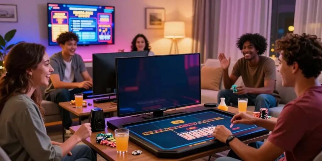 Friends enjoying a lively gaming night at non gamstop casinos uk in a cozy setup.