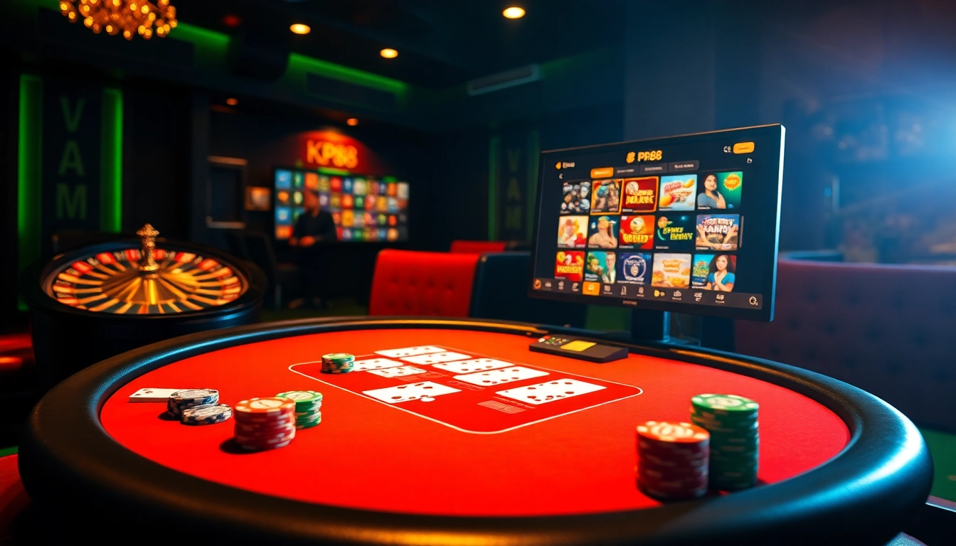 Exciting players engaging with KP88 at a luxurious casino poker table.