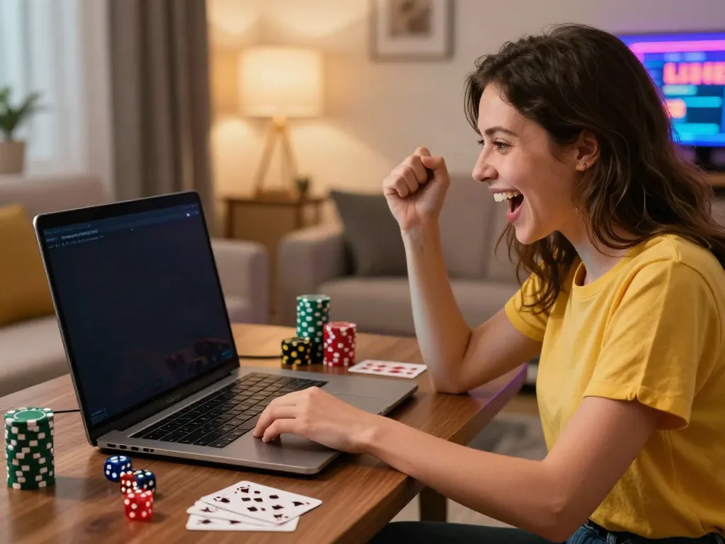 Woman celebrating a win at non GamStop casinos UK in a cozy living room.