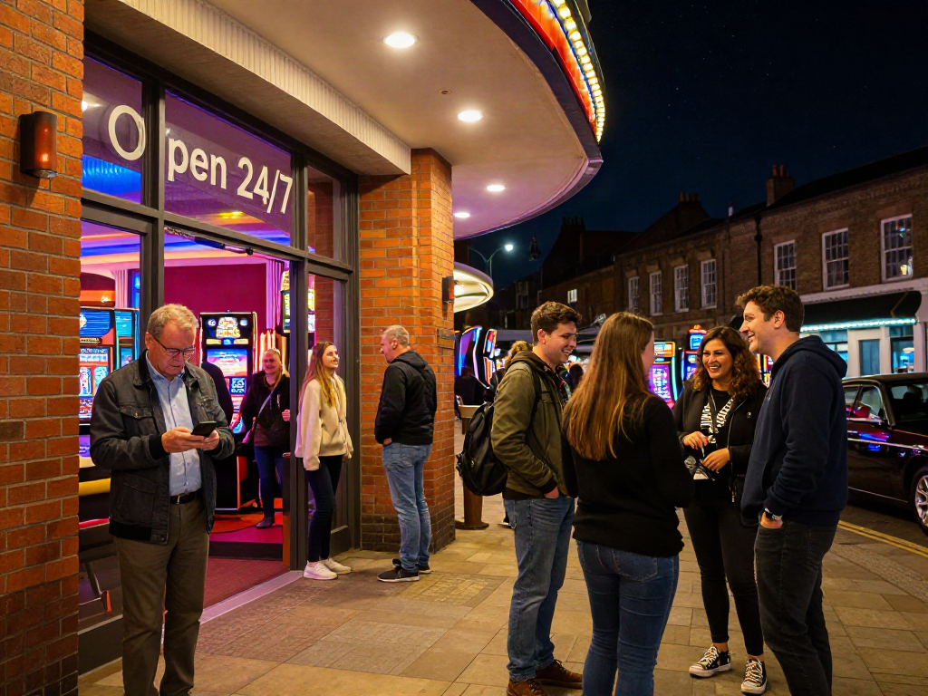 Engaged players outside vibrant non gamstop casinos UK, discussing offers under neon lights.