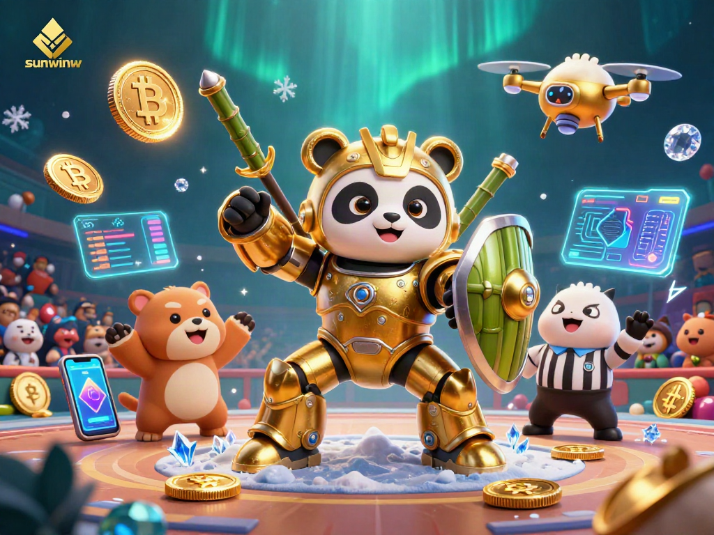 Experience thrilling action with sunwinw in a vibrant 3D casino arena featuring dynamic crypto elements.