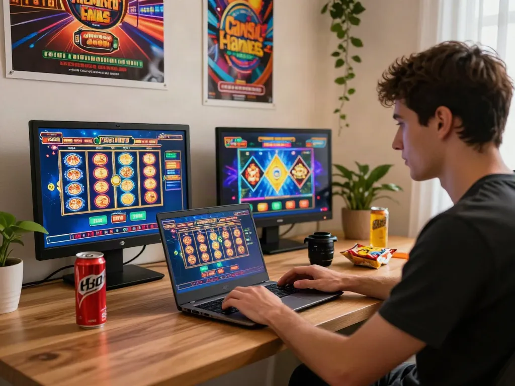 Engaged player enjoying non Gamstop casinos UK in a cozy home office setting.