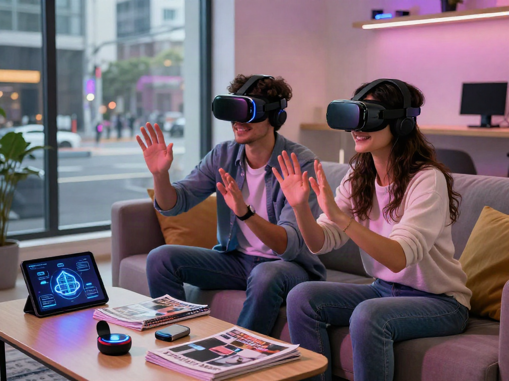 AI chat porn interaction between couple in a modern lounge with VR headsets.