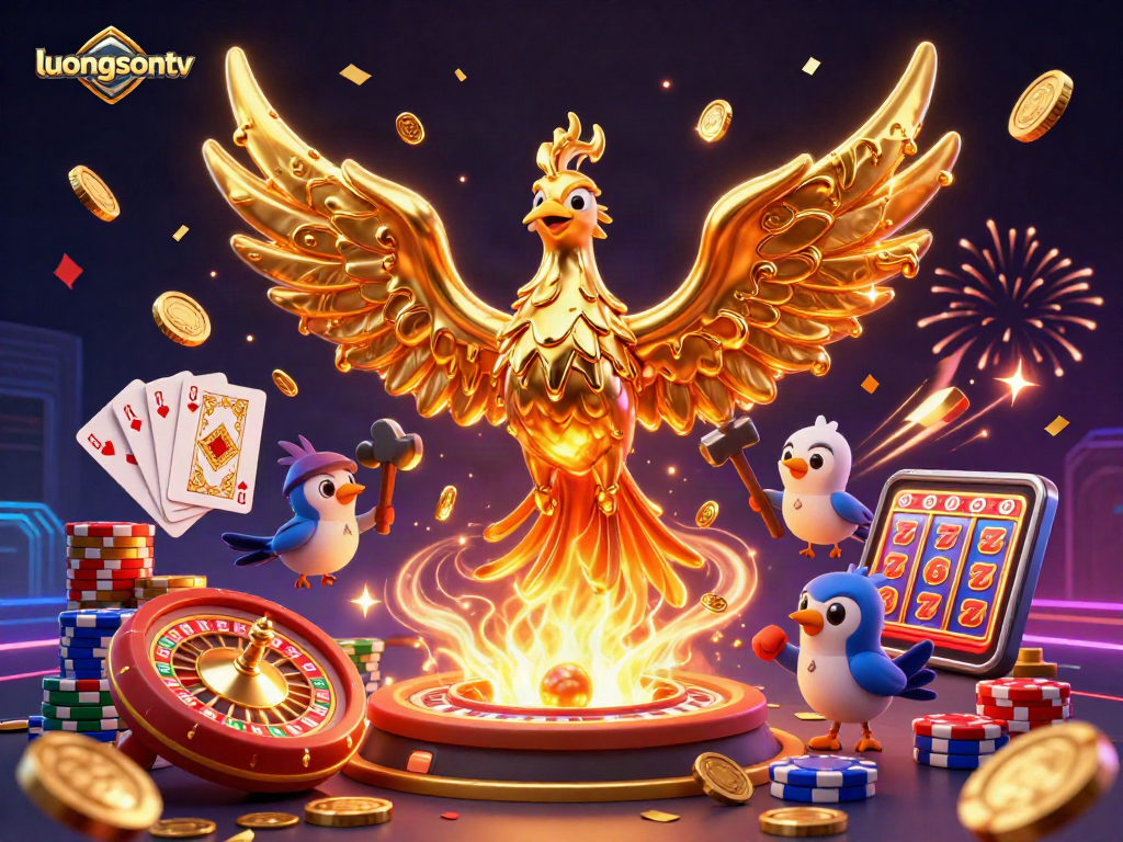 Experience thrilling wins on luongsontv with a vibrant 3D illustration of casino elements.