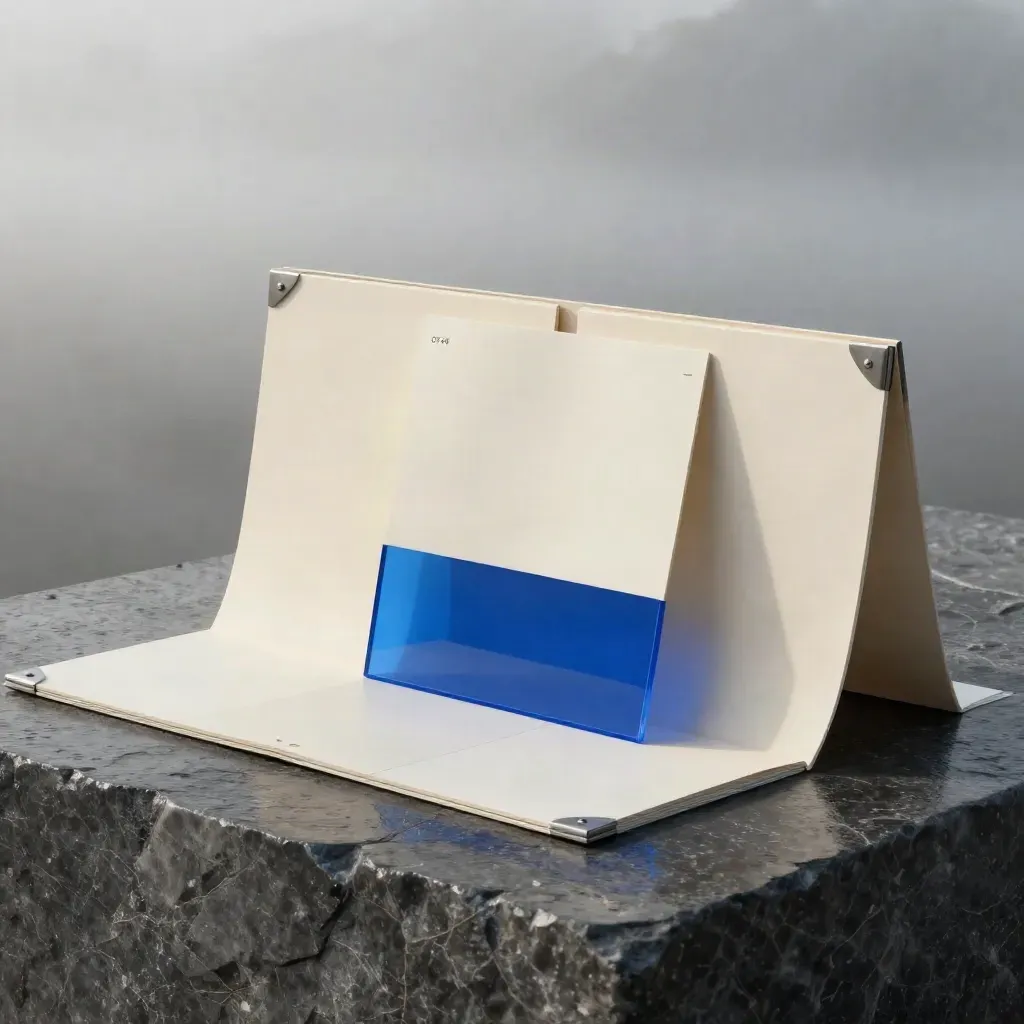 Folded cream mockup boards with blue acrylic block on dark stone in dawn mist