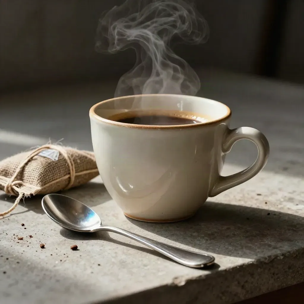 Macro still life of an espresso cup, spoon, and coffee sack tie on a dark stone counter.
