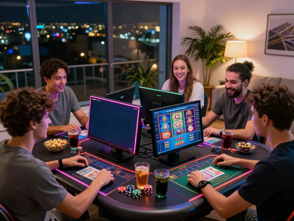 Friends enjoying online gaming at non gamstop casinos UK with vibrant LED lighting.