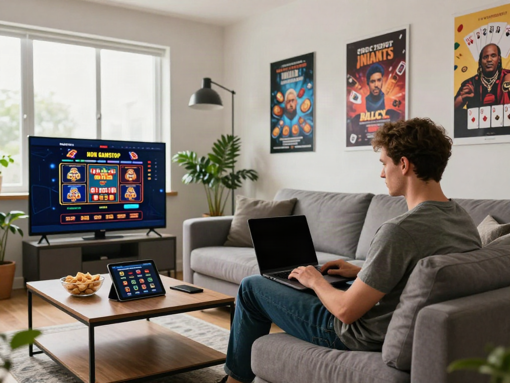 Engaged gambler enjoying non gamstop casinos uk in a stylish living room.