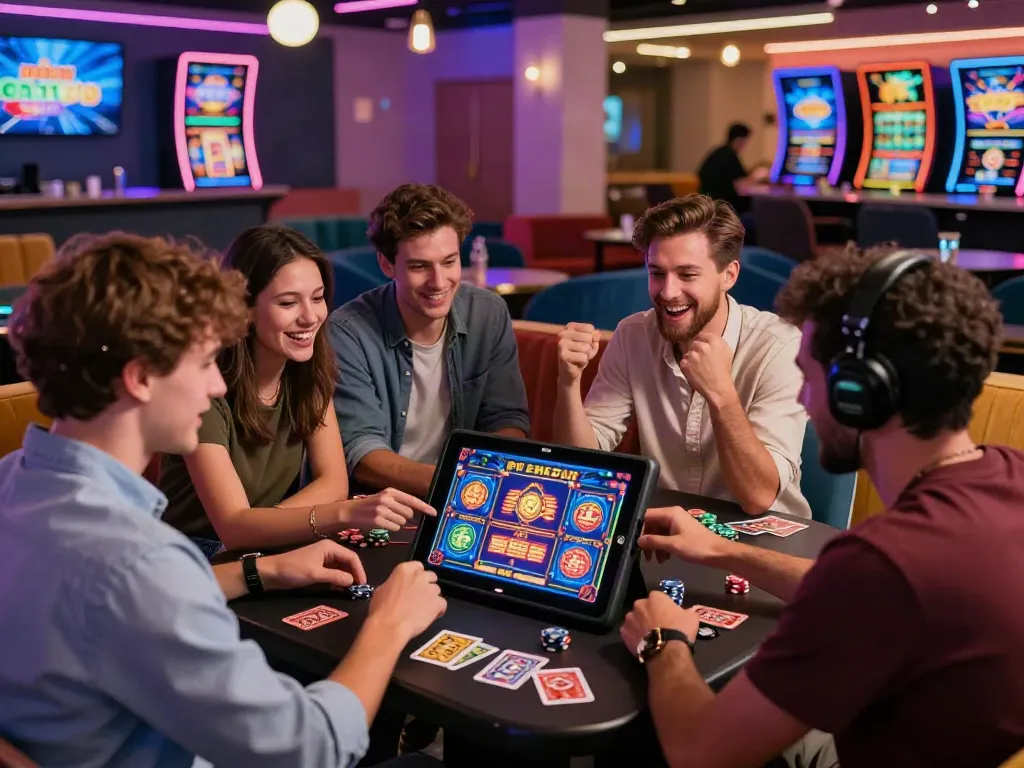 Exciting scene of friends enjoying non gamstop casinos uk online gaming experience with vibrant atmosphere.