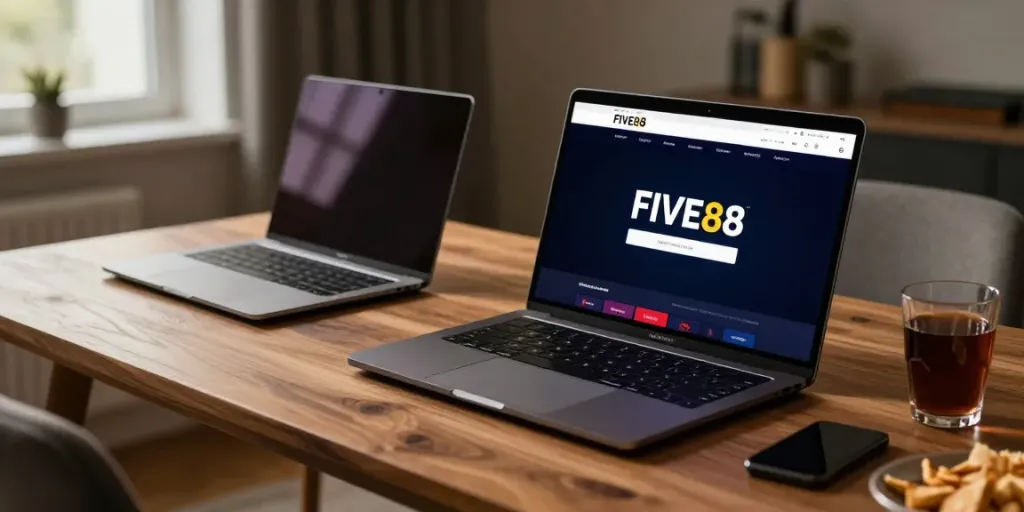 Experience online betting with FIVE88 on a laptop and mobile device in a cozy home setting.