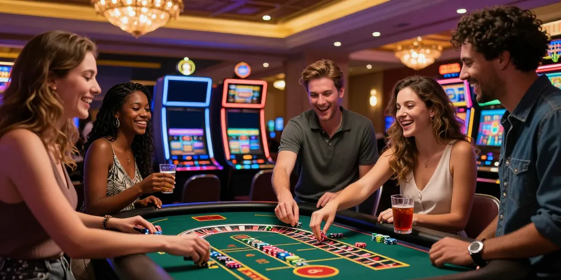 Group of friends enjoying a successful night at non GamStop casinos UK, celebrating around a roulette table.