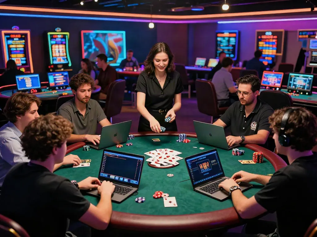 Engaging scene of players enjoying non GamStop casinos UK with laptops and a friendly dealer.