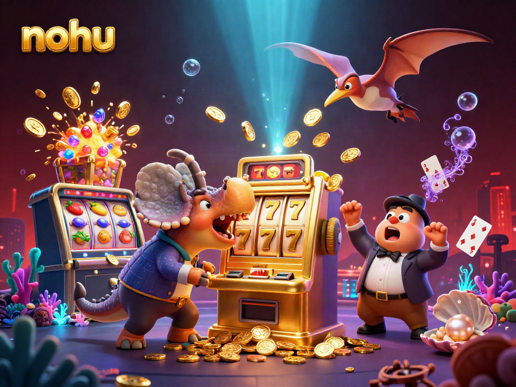Nohu showcases a playful pachycephalosaurus triggering slot jackpots amidst a vivid casino backdrop.