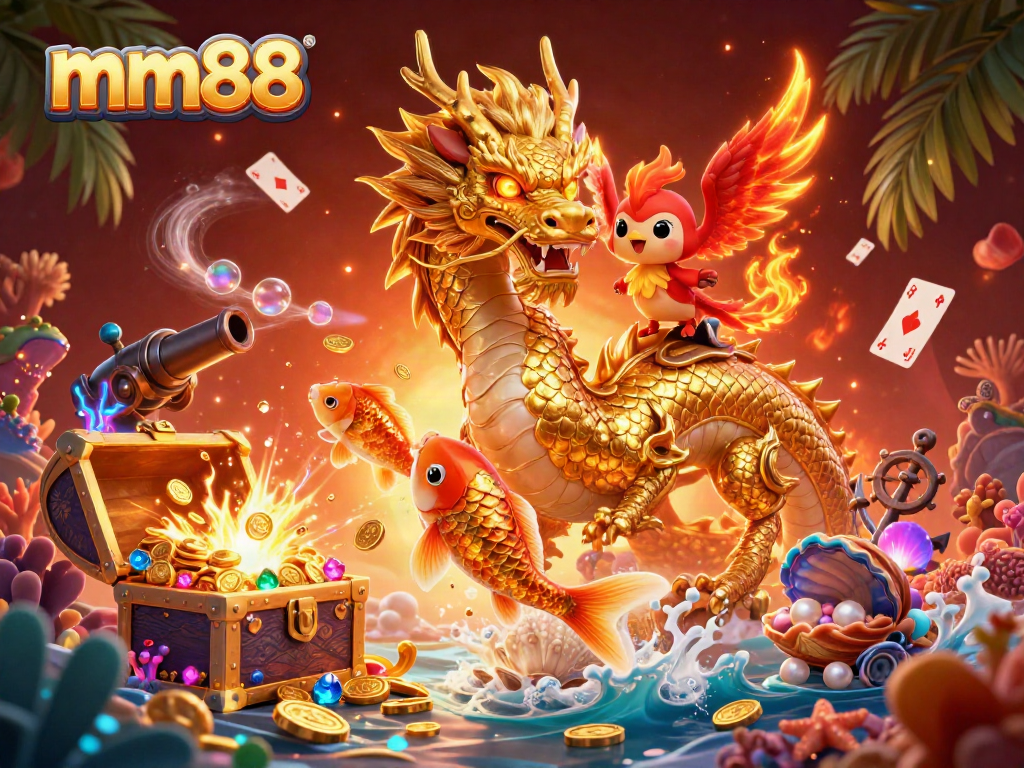 Engage with mm88 in a vibrant casino scene featuring mythical creatures and gaming elements.