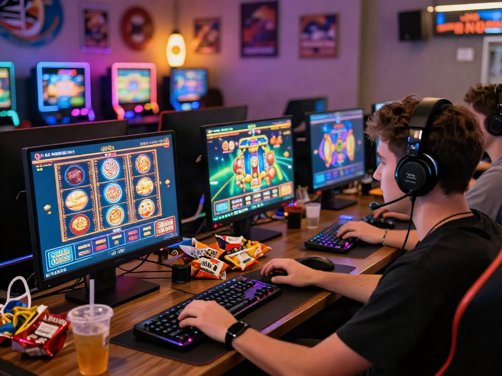 Engaged player enjoying non gamstop casinos UK with colorful slot graphics and gaming gear.