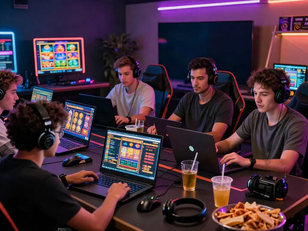 Engaging online gaming group at non GamStop casinos UK showcasing vibrant gaming atmosphere.