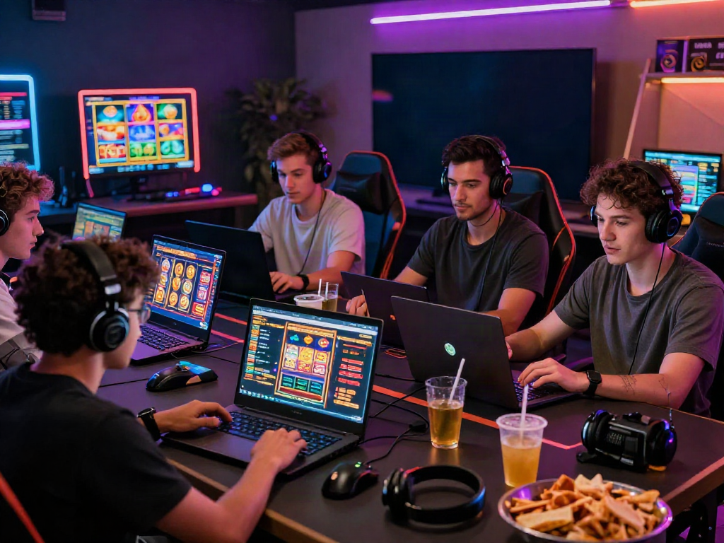 Engaging online gaming group at non GamStop casinos UK showcasing vibrant gaming atmosphere.
