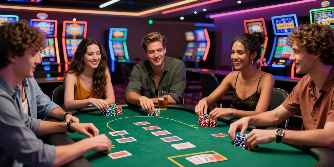A lively casino scene showcasing friends enjoying a poker game at non GamStop casinos UK, with vibrant lights and colorful decor enhancing the atmosphere.