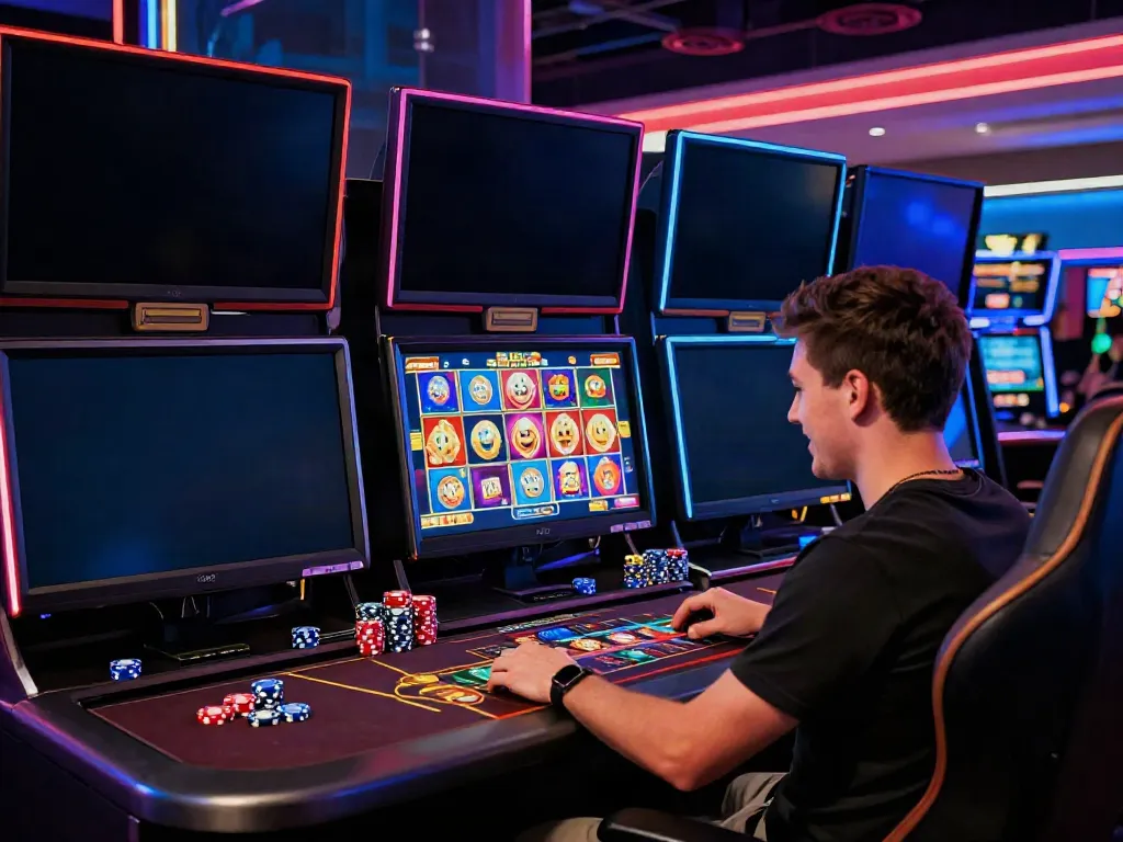 Player enjoying non gamstop casinos uk with vibrant slot games and gaming tokens.