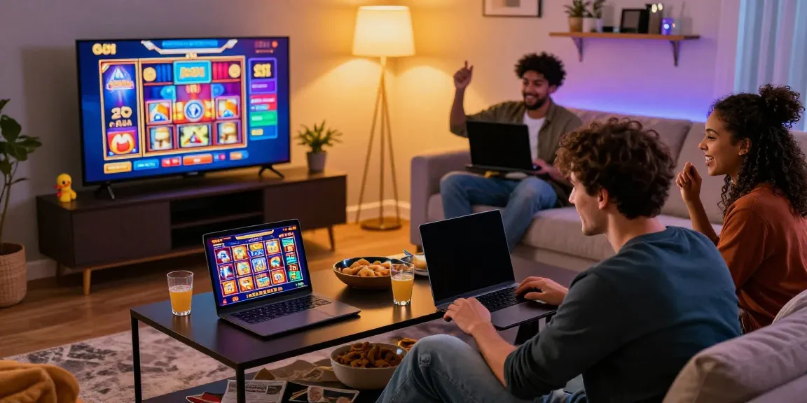 Group enjoying gaming session at non gamstop casinos uk in a cozy living room.