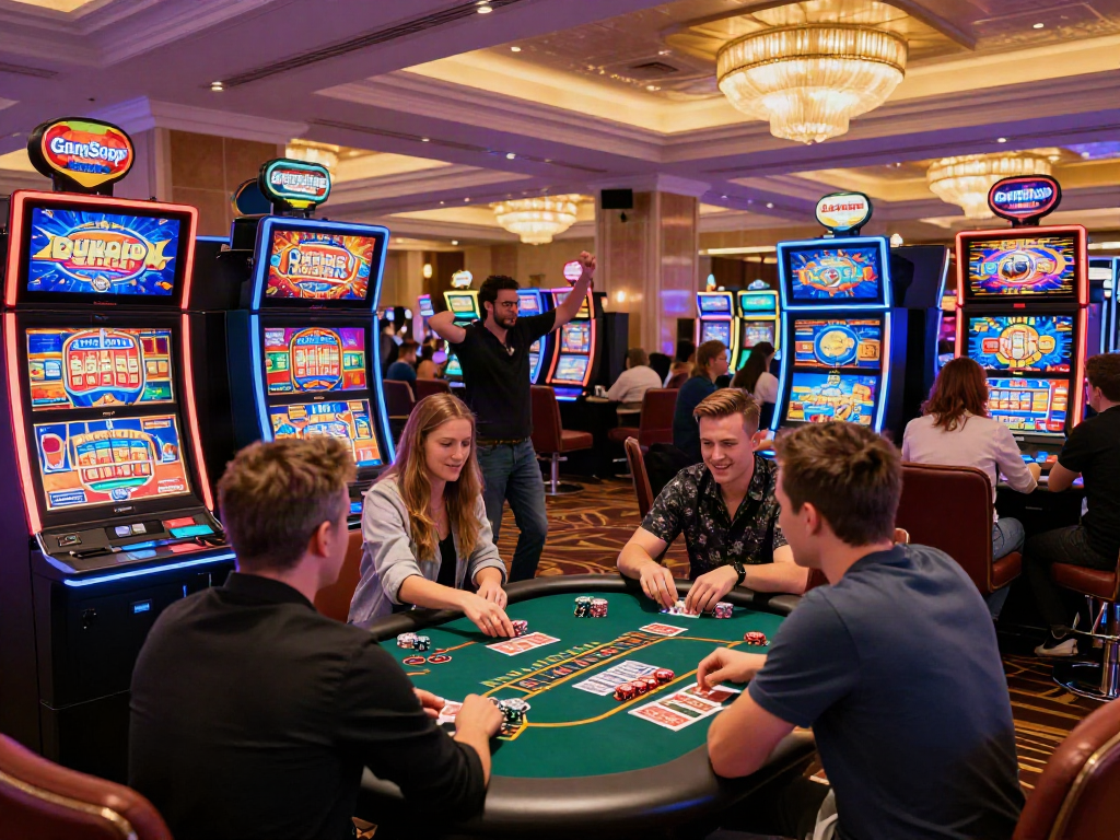 Exciting casino scene showcasing non GamStop casinos UK with players at slots and blackjack tables.