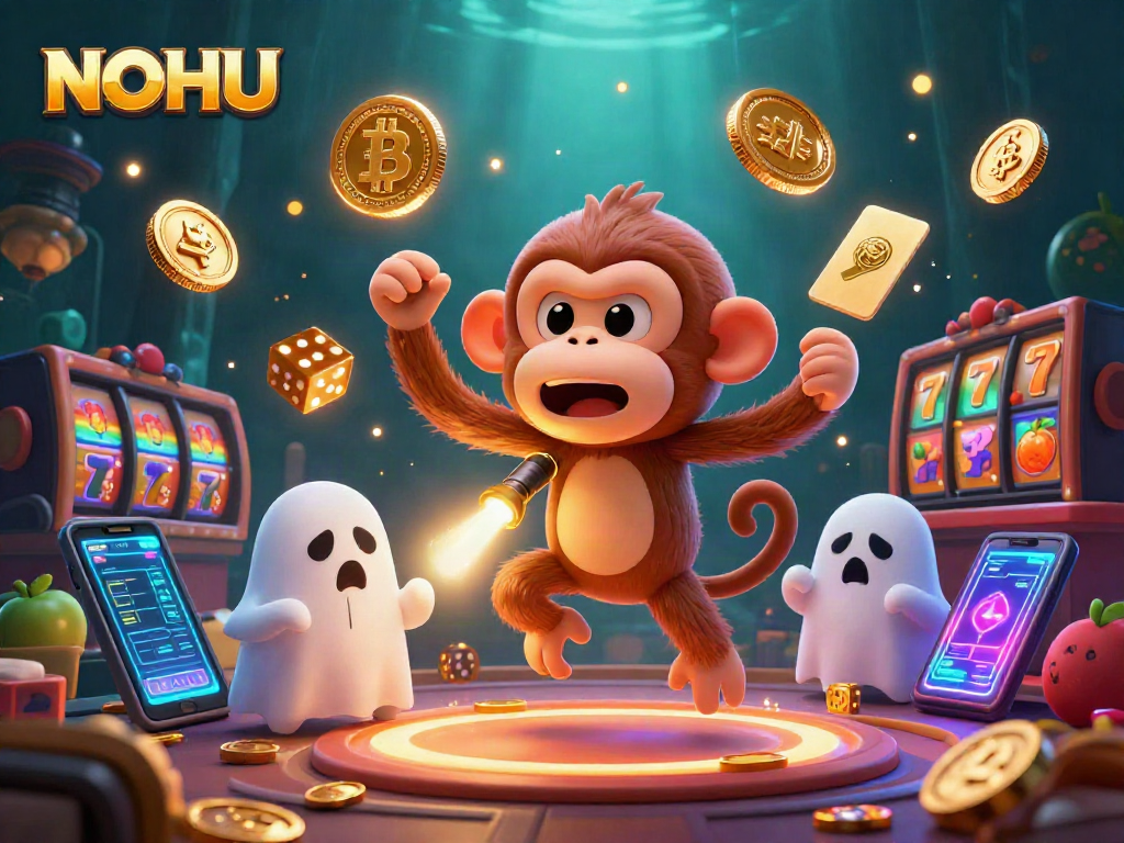 Experience NOHU's captivating haunted casino scene with a mischievous monkey and curious puppy.