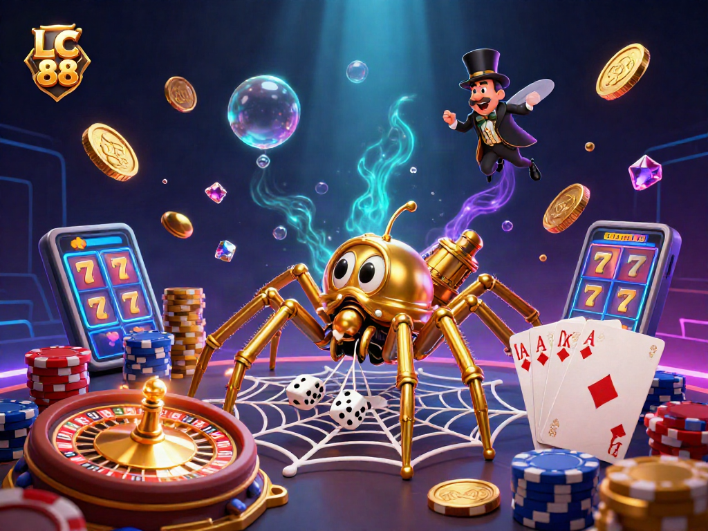 Experience the excitement of LC 88 with a dynamic 3D casino scene illustrating thrilling game elements.