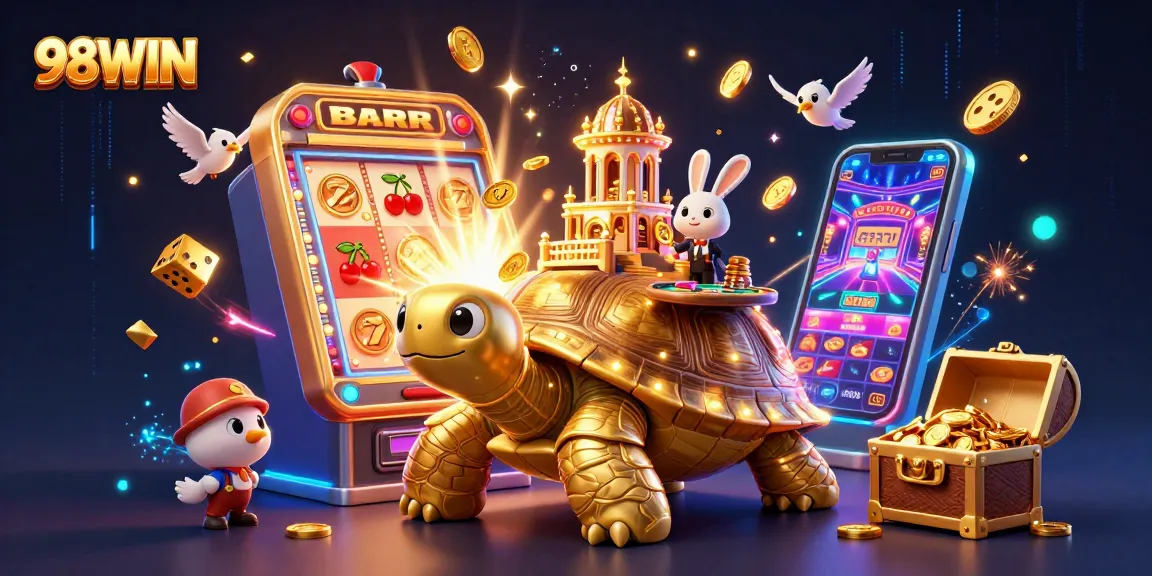 Experience thrilling wins at 98WIN with a vibrant casino adventure illustration showcasing energetic gameplay.