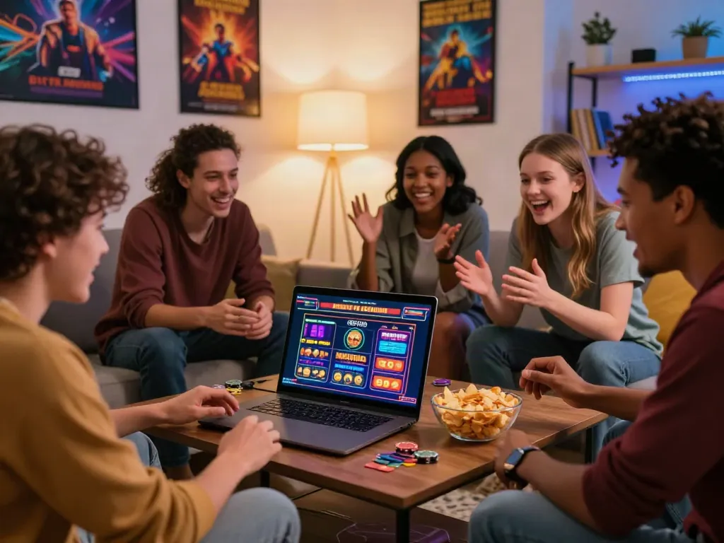 Friends enjoying a gaming night exploring non gamstop casinos UK on their laptop in a cozy living room.