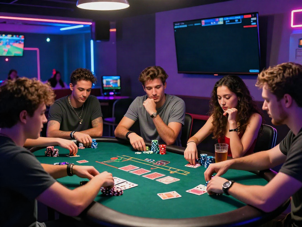 Friends enjoying non gamstop casinos uk atmosphere at vibrant poker table