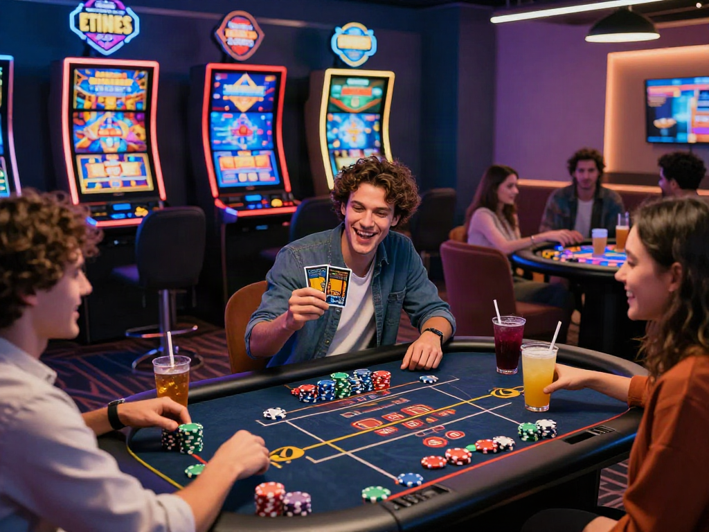 Excited friends playing at non gamstop casinos UK online, showcasing vibrant atmosphere and digital games.