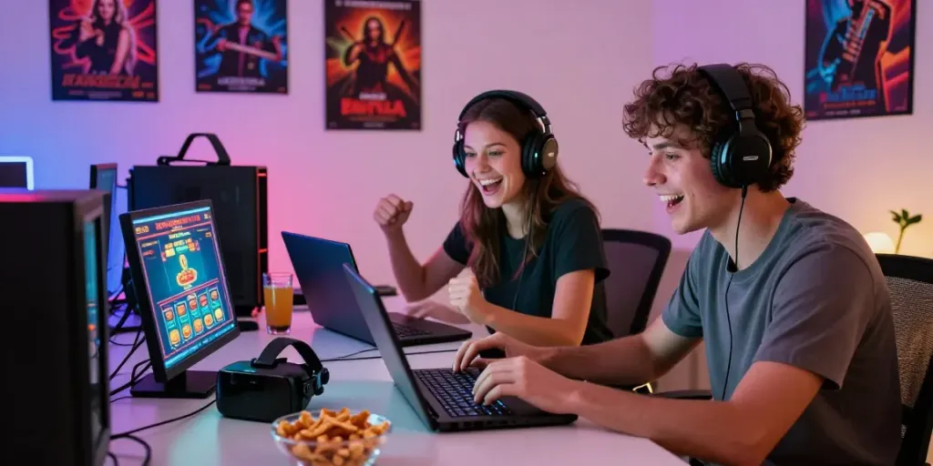 Couple enjoying non gamstop casinos UK at home with games and snacks.