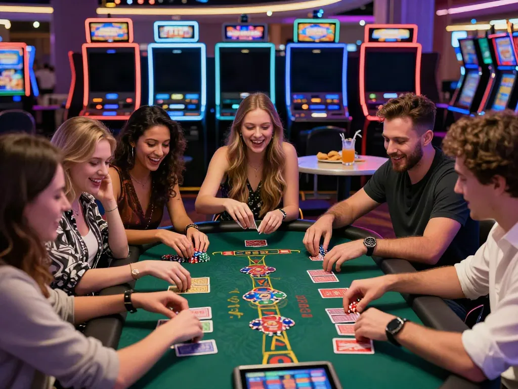 Exciting scene at non Gamstop casinos UK with friends enjoying card games and vibrant casino lights.