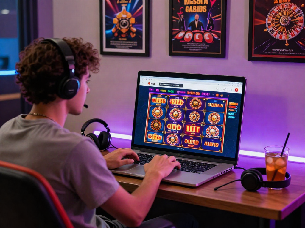 Excited player engaging on a laptop showcasing non gamstop casinos uk options in a vibrant casino setting.