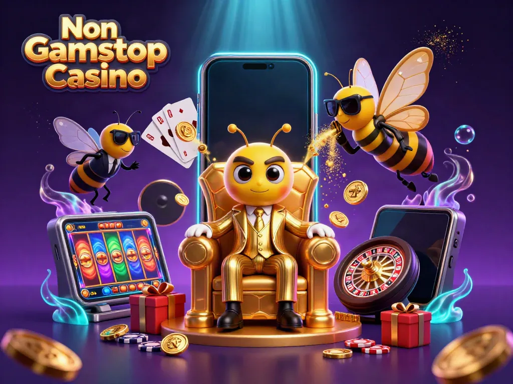 Engaging 3D scene showcasing Non Gamstop Casino with a bumblebee mob boss in a vibrant, animated setting.