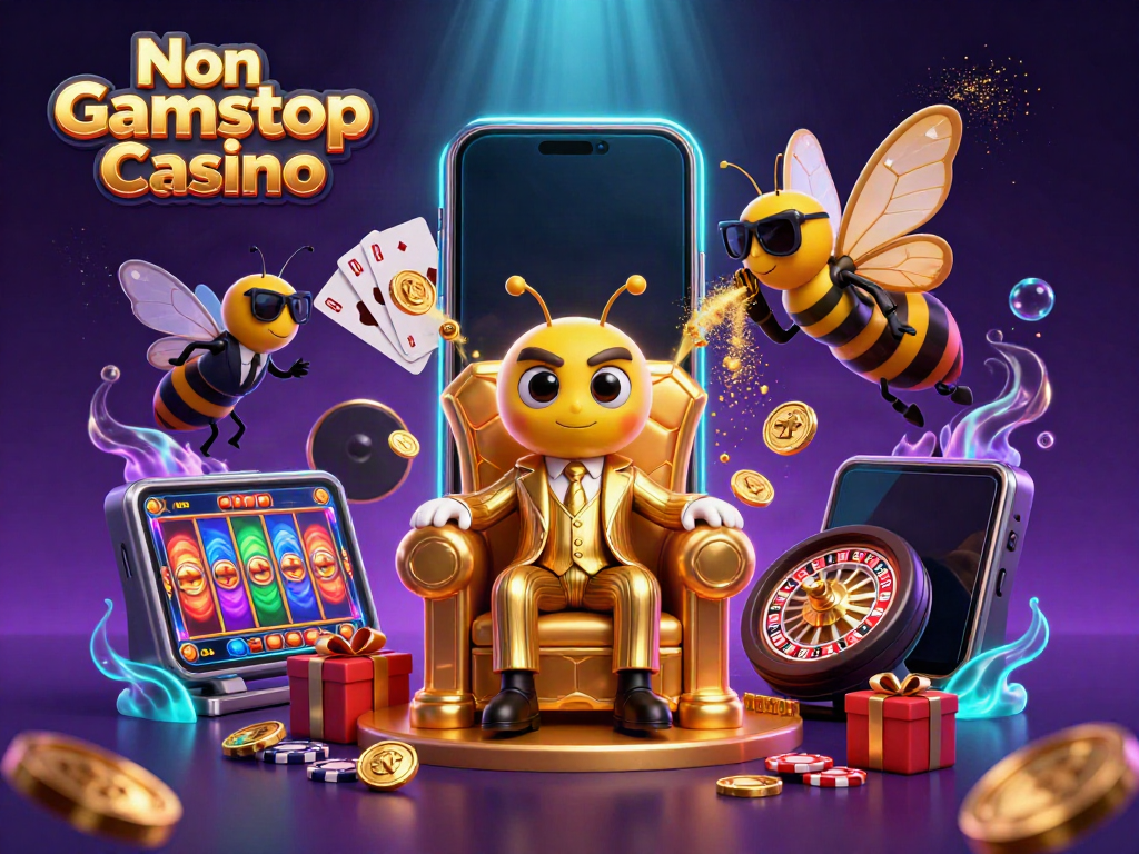 Engaging 3D scene showcasing Non Gamstop Casino with a bumblebee mob boss in a vibrant, animated setting.