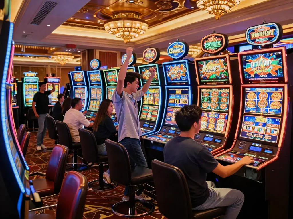 Exciting scene at non gamstop casinos UK with joyful players at slot machines.