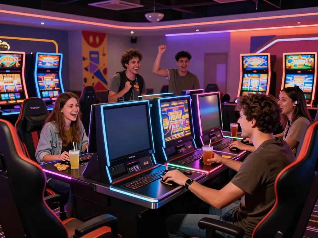 Exciting scene of friends enjoying non gamstop casinos UK in a lively gaming lounge.