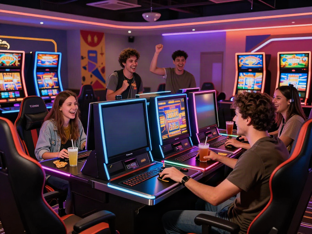 Exciting scene of friends enjoying non gamstop casinos UK in a lively gaming lounge.