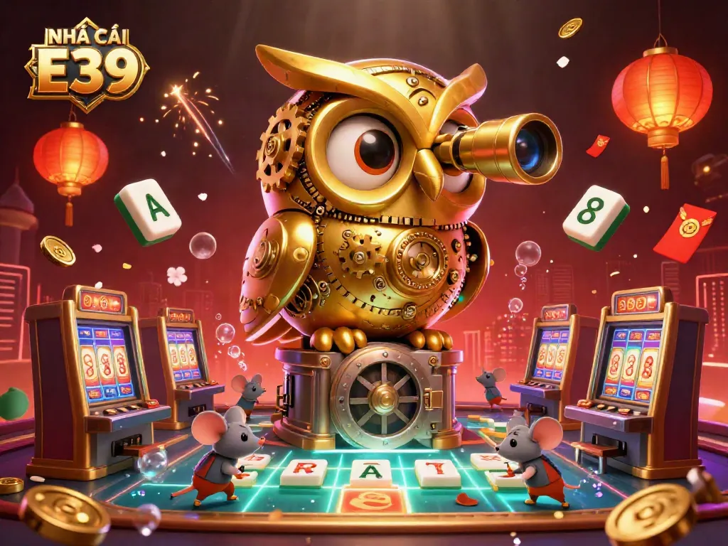 Engage with NHÀ CÁI E39 as the golden owl oversees a bustling casino with bustling patrons amid stunning gaming elements.