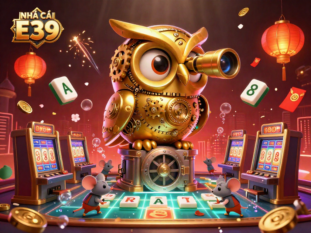Engage with NHÀ CÁI E39 as the golden owl oversees a bustling casino with bustling patrons amid stunning gaming elements.
