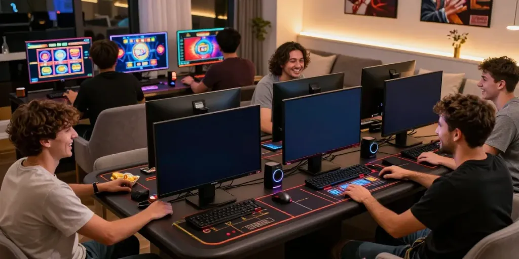 Players enjoying non GamStop casinos UK in a lively gaming atmosphere.