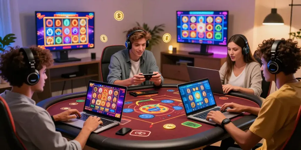 Players enjoying non GamStop casinos UK in modern living room.