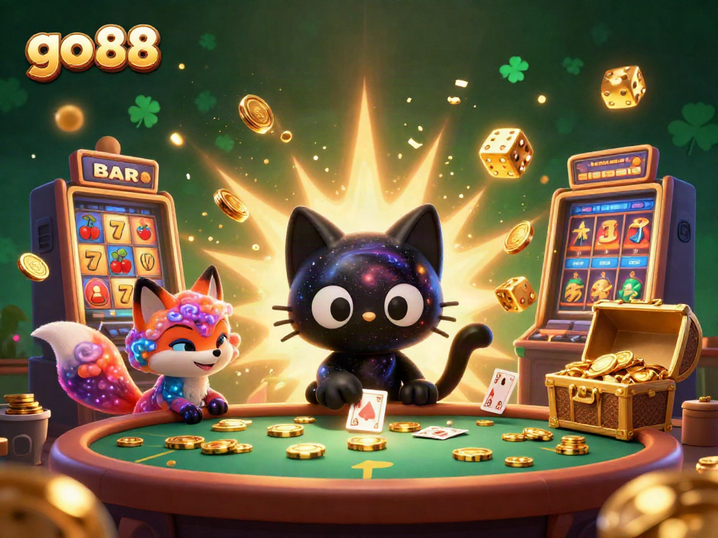 Experience the excitement of go 88 with a cosmic cat at a vibrant casino table, overflowing with gold and games.