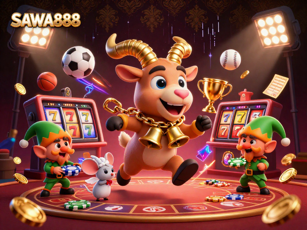 Experience exciting gameplay at SAWA888, where the Krampus goat runs a festive casino against a backdrop of dynamic slot elements.