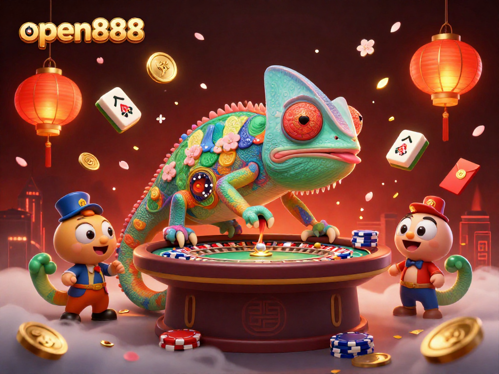 Experience the thrill with open888's vibrant casino scene featuring a chameleon and mesmerizing game elements.