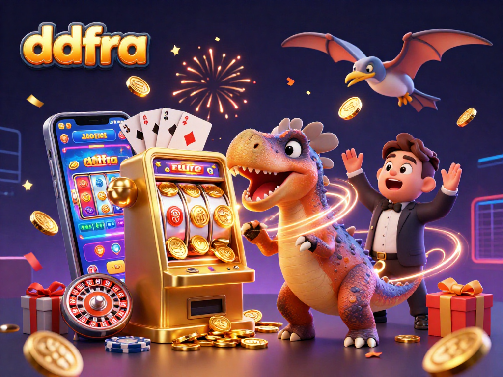 ddfra showcases an epic casino scene with cartoon dinosaurs and a jackpot slot machine.