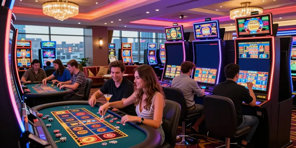 Exciting and vibrant gaming atmosphere at non gamstop casinos uk with players engaged in games and celebrating wins.
