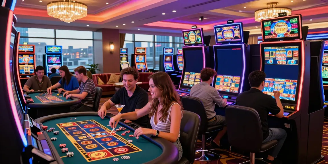 Exciting and vibrant gaming atmosphere at non gamstop casinos uk with players engaged in games and celebrating wins.