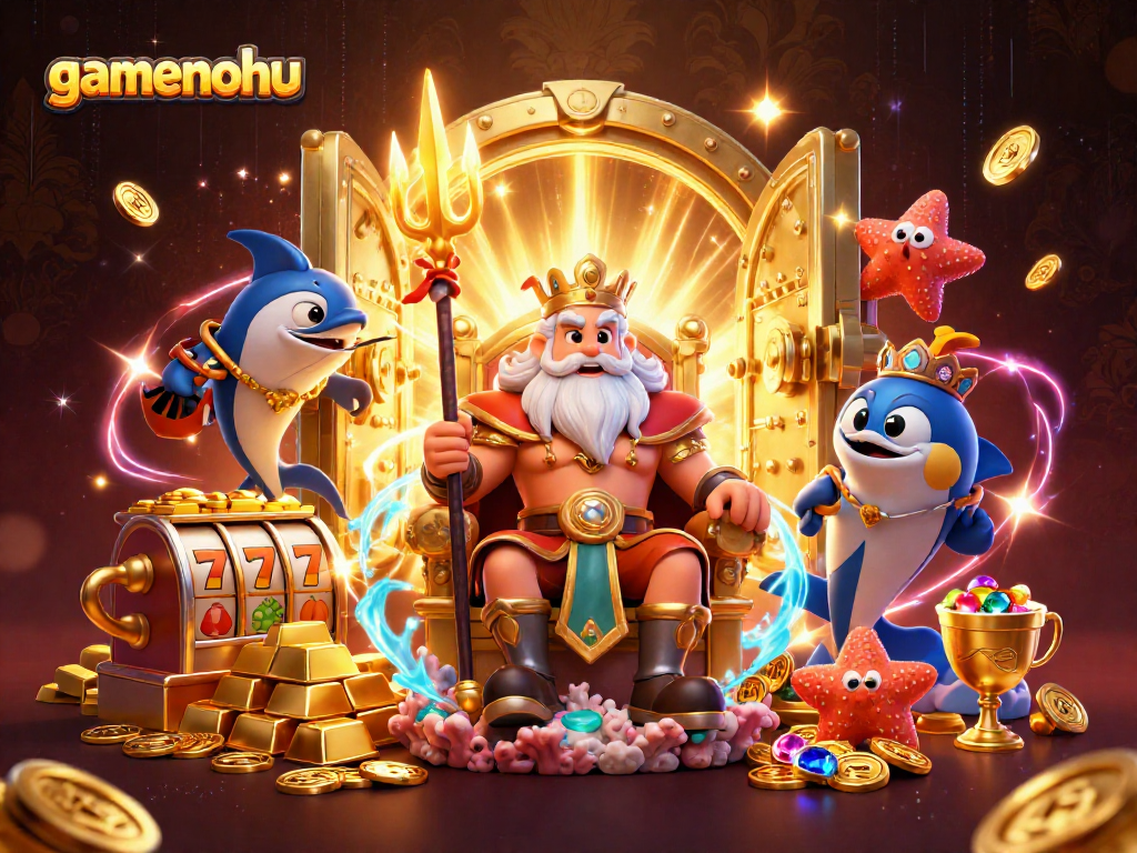 Experience gamenohu's thrilling jackpot excitement with cartoon characters, slot reels, and treasure vaults.